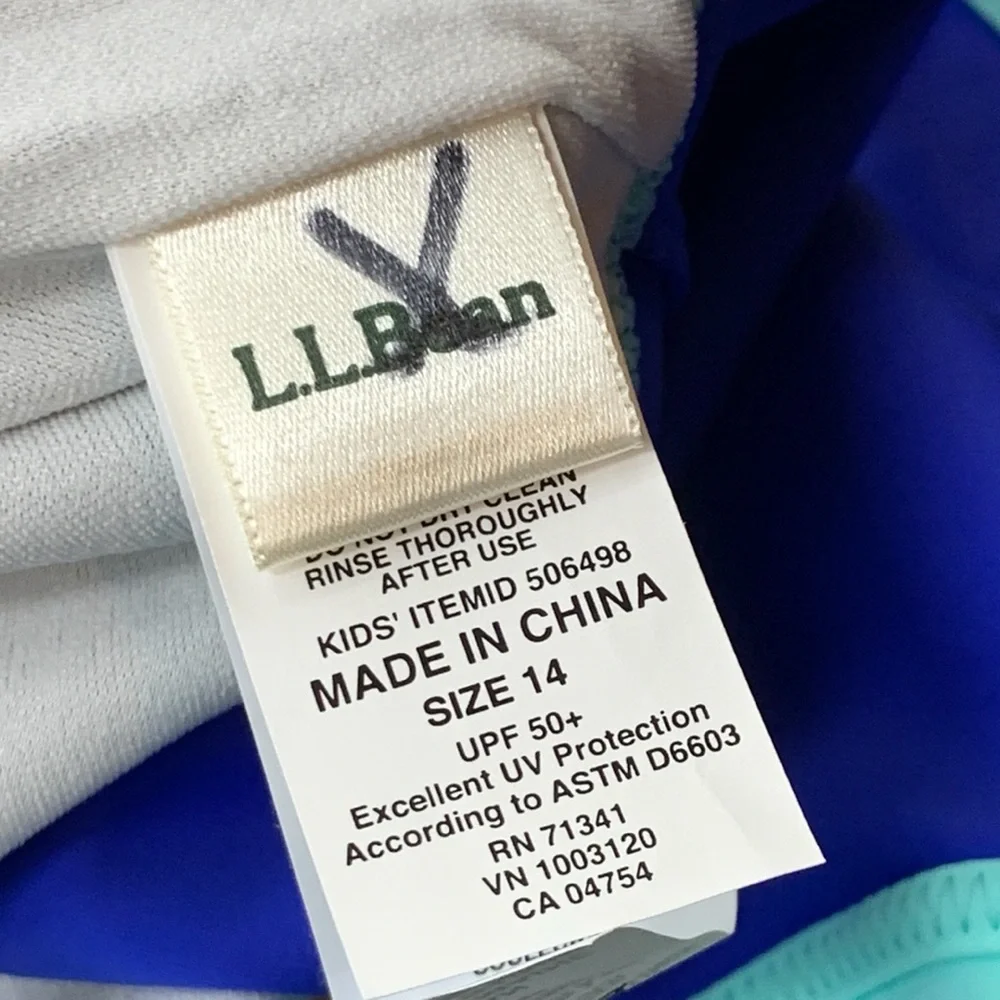 LL Bean Kids Girls Size 14 Bathing Suit One Piece Long Sleeve Swim Blue 1/4 Zip